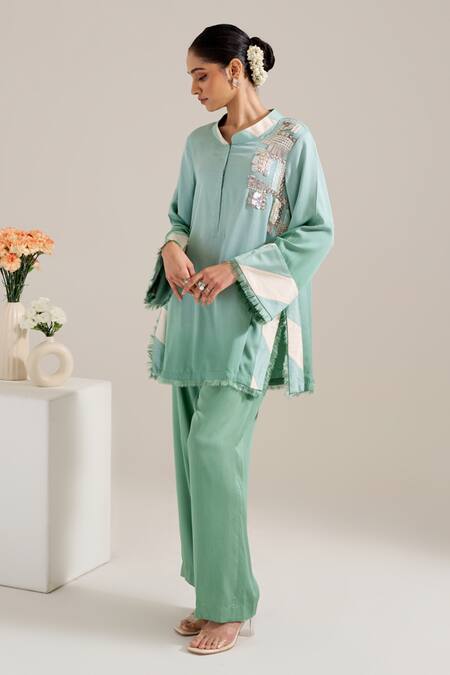 Siyona by Ankurita Green Satin Embroidered Sequin Band Collar Chameli Ombre Tunic And Pant Co-ord Set  5