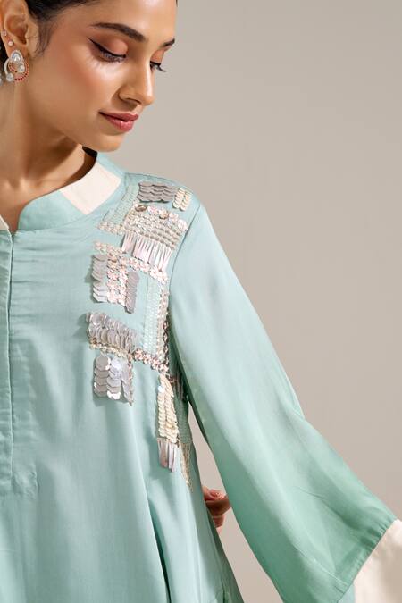 Siyona by Ankurita Green Satin Embroidered Sequin Band Collar Chameli Ombre Tunic And Pant Co-ord Set  6