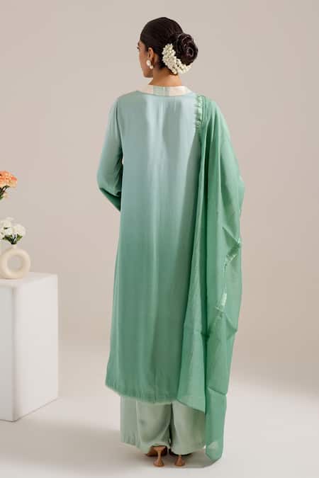 Siyona By Ankurita Green Satin Sequins Bandeau Neck Chameli Ombre Kurta Set Online at Aza Fashions Siyona By Ankurita_Green Satin Sequins Bandeau Neck Chameli Ombre Kurta Set _Online_at_Aza_Fashions