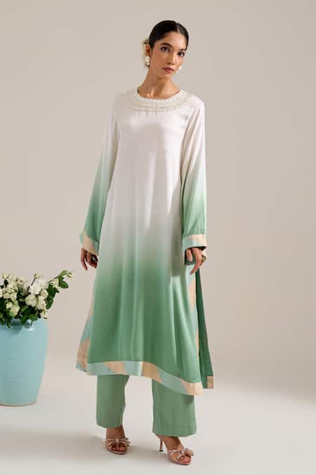 Siyona By Ankurita Green Satin Sequins Round Neck Champa Ombre Kurta Set Online at Aza Fashions Siyona By Ankurita_Green Satin Sequins Round Neck Champa Ombre Kurta Set _Online_at_Aza_Fashions