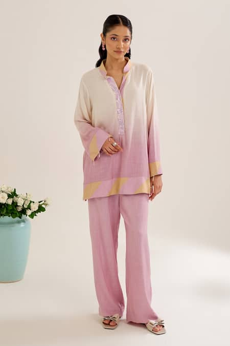 Siyona by Ankurita Purple Cotton Slub Embroidered Sequin Band Chhui Ombre Tunic And Pant Co-ord Set 