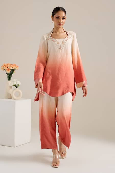 Siyona by Ankurita Pink Linen Embroidered Sequin Leaf Neck Salmon Ombre Tunic And Pant Set 