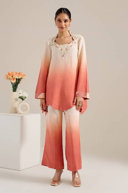 Siyona By Ankurita_Pink Collared Salmon Ombre Tunic And Pant Set _Online_at_Aza_Fashions