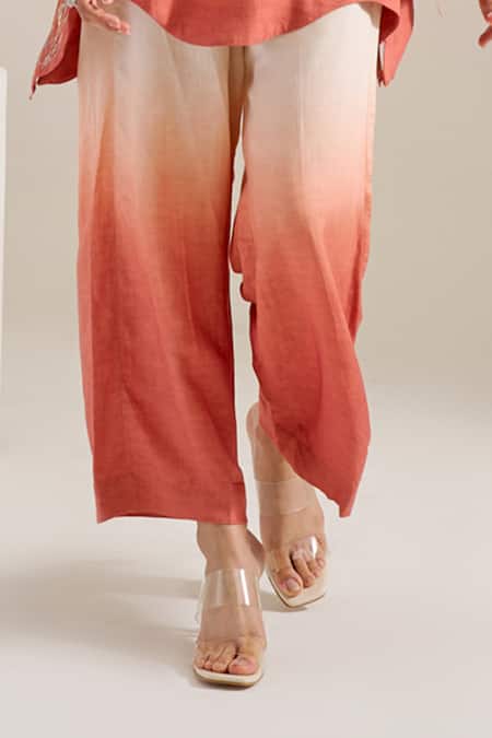 Buy_Siyona By Ankurita_Pink Collared Salmon Ombre Tunic And Pant Set _Online_at_Aza_Fashions