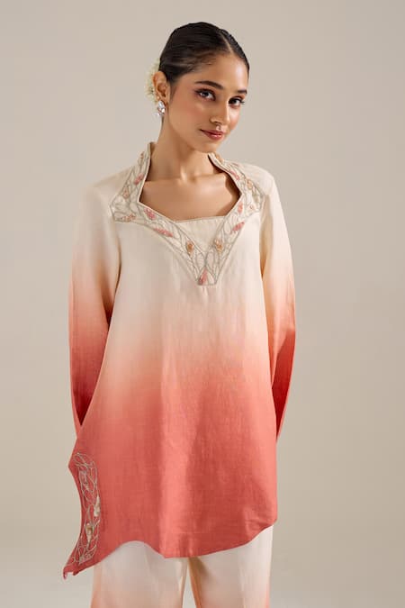 Shop_Siyona By Ankurita_Pink Collared Salmon Ombre Tunic And Pant Set _Online_at_Aza_Fashions