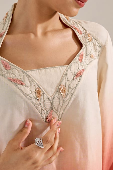 Siyona By Ankurita_Pink Collared Salmon Ombre Tunic And Pant Set _at_Aza_Fashions