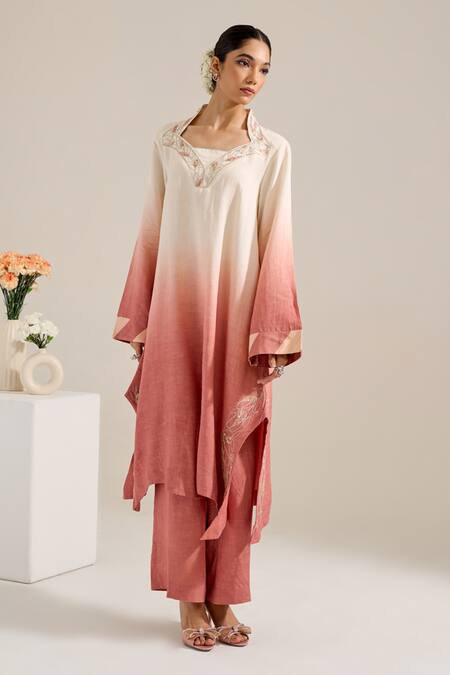 Shop Siyona By Ankurita Pink Linen, Chanderi Sequins, Beads Collared Dahlia Ombre Kurta Set at Aza Fashions Shop_Siyona By Ankurita_Pink Linen, Chanderi Sequins, Beads Collared Dahlia Ombre Kurta Set _at_Aza_Fashions