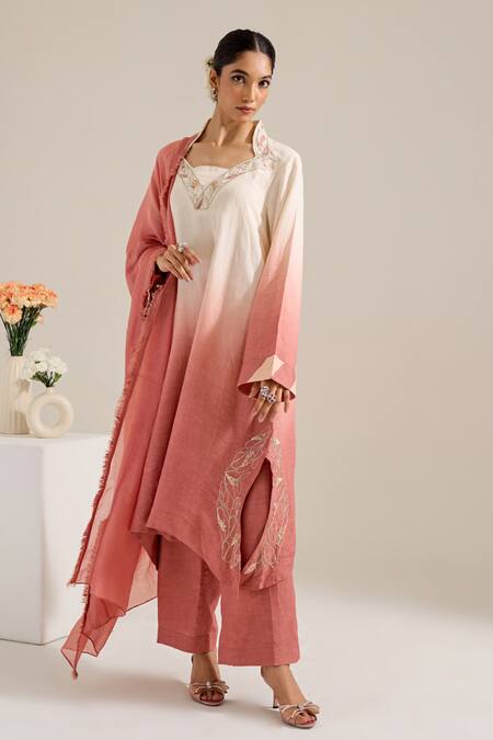 Buy Siyona By Ankurita Pink Linen, Chanderi Sequins, Beads Collared Dahlia Ombre Kurta Set Online at Aza Fashions Buy_Siyona By Ankurita_Pink Linen, Chanderi Sequins, Beads Collared Dahlia Ombre Kurta Set _Online_at_Aza_Fashions