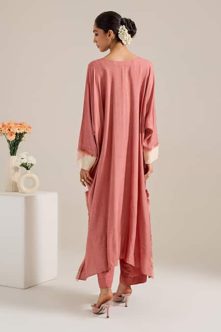 Shop Siyona By Ankurita Pink Cotton Slub Embroidered V Neck Kaftan Set at Aza Fashions Shop_Siyona By Ankurita_Pink Cotton Slub Embroidered V Neck Kaftan Set _at_Aza_Fashions