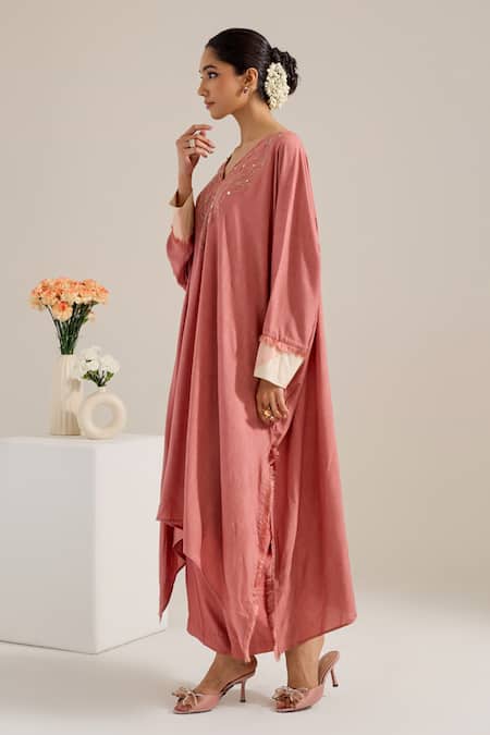 Siyona By Ankurita Pink Cotton Slub Embroidered V Neck Kaftan Set Online at Aza Fashions Siyona By Ankurita_Pink Cotton Slub Embroidered V Neck Kaftan Set _Online_at_Aza_Fashions