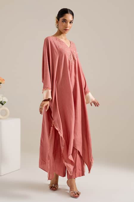 Buy Siyona By Ankurita Pink Cotton Slub Embroidered V Neck Kaftan Set Online at Aza Fashions Buy_Siyona By Ankurita_Pink Cotton Slub Embroidered V Neck Kaftan Set _Online_at_Aza_Fashions