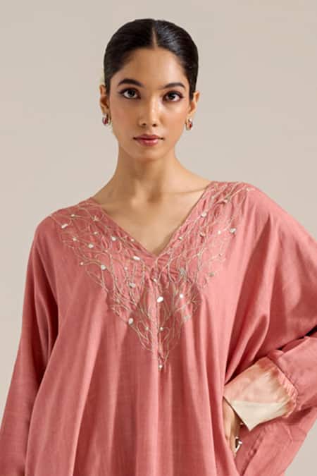 Shop Siyona By Ankurita Pink Cotton Slub Embroidered V Neck Kaftan Set Online at Aza Fashions Shop_Siyona By Ankurita_Pink Cotton Slub Embroidered V Neck Kaftan Set _Online_at_Aza_Fashions