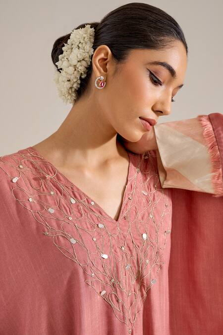 Siyona By Ankurita Pink Cotton Slub Embroidered V Neck Kaftan Set at Aza Fashions Siyona By Ankurita_Pink Cotton Slub Embroidered V Neck Kaftan Set _at_Aza_Fashions