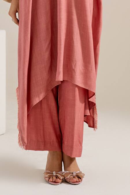 Buy Siyona By Ankurita Pink Cotton Slub Embroidered V Neck Kaftan Set Buy_Siyona By Ankurita_Pink Cotton Slub Embroidered V Neck Kaftan Set