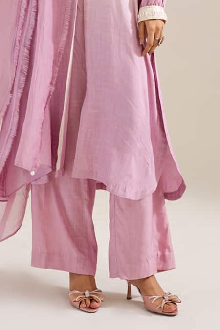 Buy_Siyona By Ankurita_Purple Cotton Pearls V-neck Kamal Front Slit Kurta Set _Online_at_Aza_Fashions