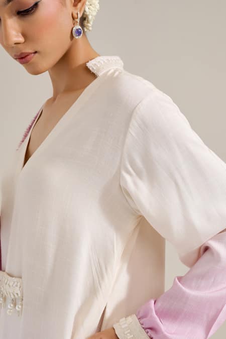 Shop_Siyona By Ankurita_Purple Cotton Pearls V-neck Kamal Front Slit Kurta Set _Online_at_Aza_Fashions