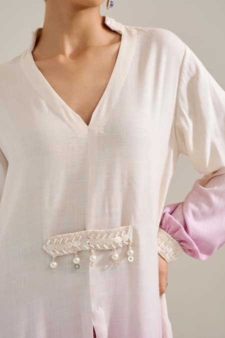 Buy_Siyona By Ankurita_Purple Cotton Pearls V-neck Kamal Front Slit Kurta Set 