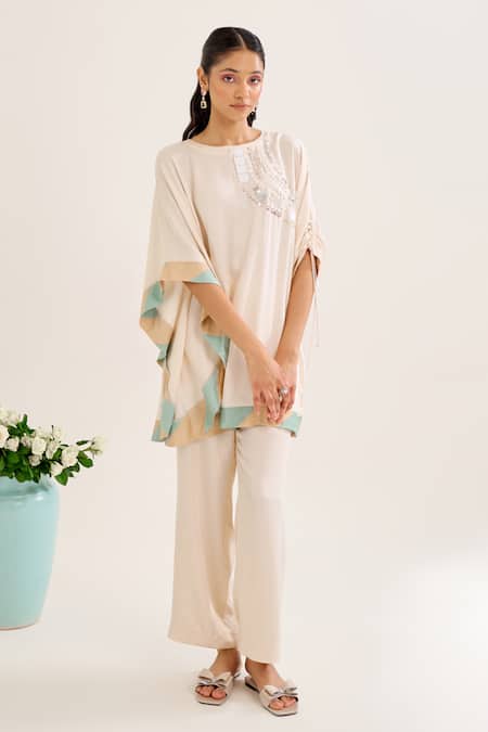 Buy_Siyona By Ankurita_Ivory Satin Sequins Round Neck Mallika Embroidered Kurta And Pant Co-ord Set _Online_at_Aza_Fashions