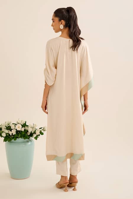 Siyona By Ankurita_Ivory Satin Sequins, Embroidery Round Neck Mallika Long Kurta And Pant Co-ord Set _Online_at_Aza_Fashions