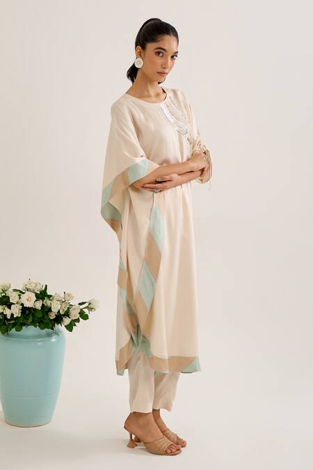 Buy_Siyona By Ankurita_Ivory Satin Sequins, Embroidery Round Neck Mallika Long Kurta And Pant Co-ord Set _Online_at_Aza_Fashions