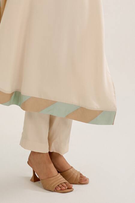 Shop_Siyona By Ankurita_Ivory Satin Sequins, Embroidery Round Neck Mallika Long Kurta And Pant Co-ord Set _Online_at_Aza_Fashions