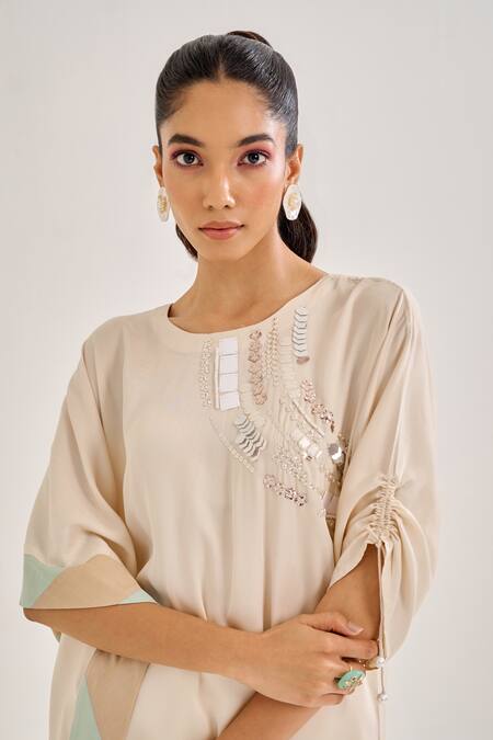 Siyona By Ankurita_Ivory Satin Sequins, Embroidery Round Neck Mallika Long Kurta And Pant Co-ord Set _at_Aza_Fashions