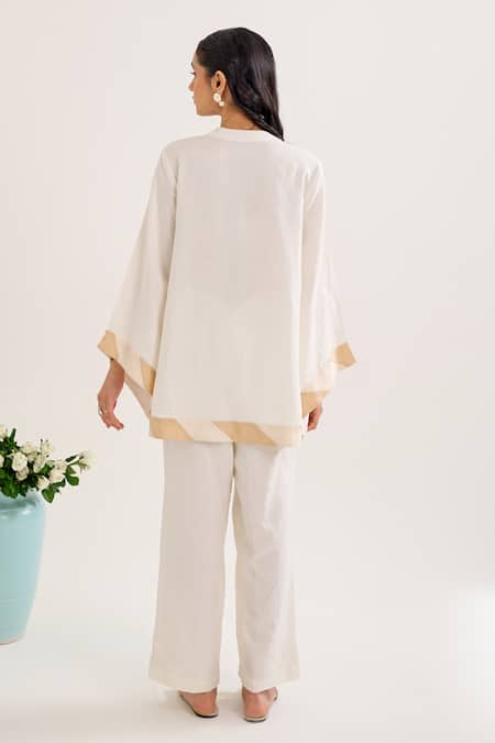 Shop_Siyona By Ankurita_Ivory Linen Sequins Bandeau Mogra Embroidered Shoulder Kurta And Pant Co-ord Set _at_Aza_Fashions