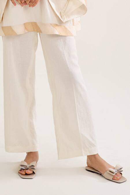 Siyona By Ankurita_Ivory Linen Sequins Bandeau Mogra Embroidered Shoulder Kurta And Pant Co-ord Set _Online_at_Aza_Fashions