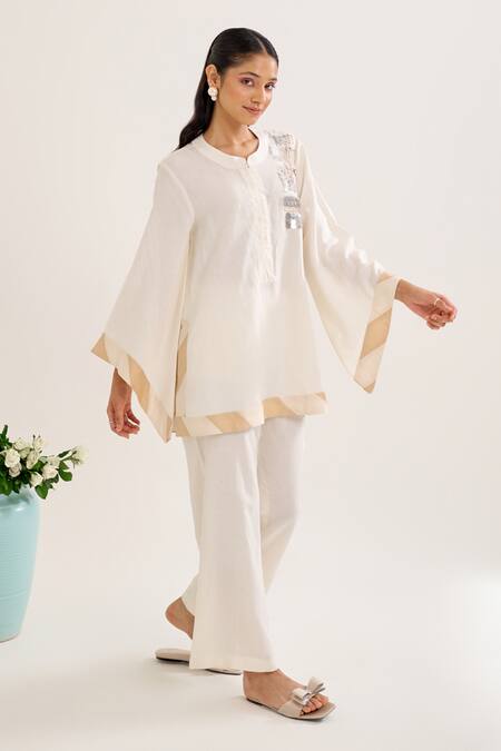 Buy_Siyona By Ankurita_Ivory Linen Sequins Bandeau Mogra Embroidered Shoulder Kurta And Pant Co-ord Set _Online_at_Aza_Fashions