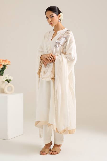 Siyona By Ankurita Ivory Linen, Chanderi Sequins Bandeau Neck Mogra Embroidered Shoulder Kurta Set Online at Aza Fashions Siyona By Ankurita_Ivory Linen, Chanderi Sequins Bandeau Neck Mogra Embroidered Shoulder Kurta Set _Online_at_Aza_Fashions