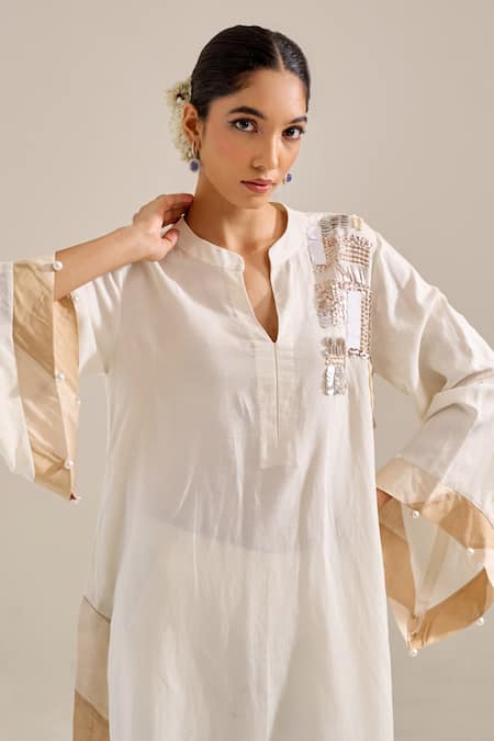 Shop Siyona By Ankurita Ivory Linen, Chanderi Sequins Bandeau Neck Mogra Embroidered Shoulder Kurta Set Online at Aza Fashions Shop_Siyona By Ankurita_Ivory Linen, Chanderi Sequins Bandeau Neck Mogra Embroidered Shoulder Kurta Set _Online_at_Aza_Fashions