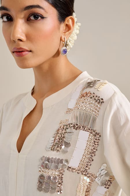 Siyona By Ankurita Ivory Linen, Chanderi Sequins Bandeau Neck Mogra Embroidered Shoulder Kurta Set at Aza Fashions Siyona By Ankurita_Ivory Linen, Chanderi Sequins Bandeau Neck Mogra Embroidered Shoulder Kurta Set _at_Aza_Fashions