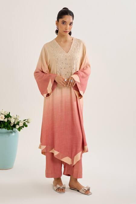 Buy Siyona By Ankurita Pink Cotton Sequins, Embroidery V-neck Palash Ombre Kurta And Pant Set Online at Aza Fashions Buy_Siyona By Ankurita_Pink Cotton Sequins, Embroidery V-neck Palash Ombre Kurta And Pant Set _Online_at_Aza_Fashions