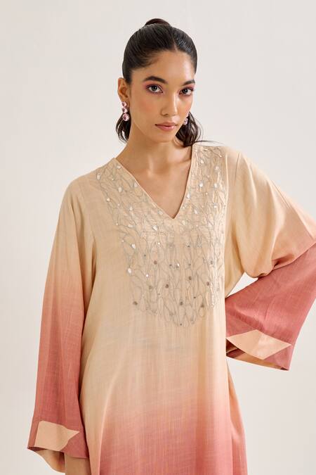 Siyona By Ankurita Pink Cotton Sequins, Embroidery V-neck Palash Ombre Kurta And Pant Set at Aza Fashions Siyona By Ankurita_Pink Cotton Sequins, Embroidery V-neck Palash Ombre Kurta And Pant Set _at_Aza_Fashions