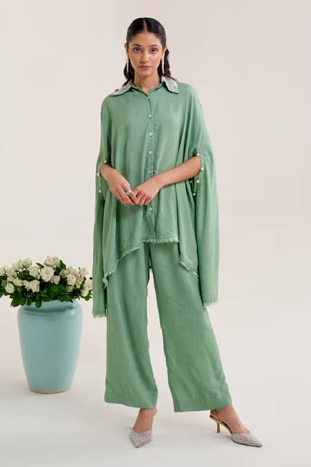 Siyona by Ankurita Green Cotton Slub Embroidery Sequin Collar Bela Assymertic Shirt With Pant 