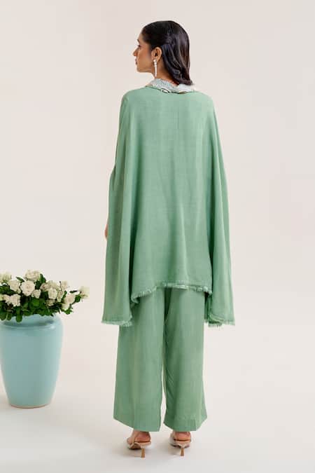 Shop Siyona By Ankurita Green Cotton Slub Embroidery Sequin Collar Bela Assymertic Shirt With Pant at Aza Fashions Shop_Siyona By Ankurita_Green Cotton Slub Embroidery Sequin Collar Bela Assymertic Shirt With Pant _at_Aza_Fashions