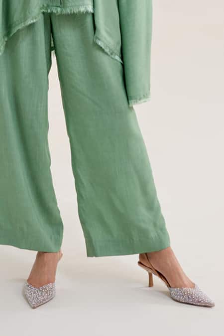 Siyona By Ankurita Green Cotton Slub Embroidery Sequin Collar Bela Assymertic Shirt With Pant Online at Aza Fashions Siyona By Ankurita_Green Cotton Slub Embroidery Sequin Collar Bela Assymertic Shirt With Pant _Online_at_Aza_Fashions