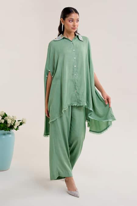 Buy Siyona By Ankurita Green Cotton Slub Embroidery Sequin Collar Bela Assymertic Shirt With Pant Online at Aza Fashions Buy_Siyona By Ankurita_Green Cotton Slub Embroidery Sequin Collar Bela Assymertic Shirt With Pant _Online_at_Aza_Fashions