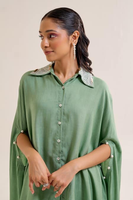 Shop Siyona By Ankurita Green Cotton Slub Embroidery Sequin Collar Bela Assymertic Shirt With Pant Online at Aza Fashions Shop_Siyona By Ankurita_Green Cotton Slub Embroidery Sequin Collar Bela Assymertic Shirt With Pant _Online_at_Aza_Fashions