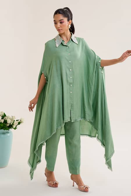 Siyona by Ankurita Green Cotton Slub Embroidery Sequin Collar Bela Shirt With Pant 