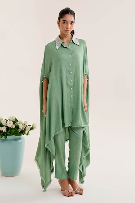 Siyona By Ankurita_Green Cotton Slub Embroidery Sequin Collar Bela Shirt With Pant _Online_at_Aza_Fashions