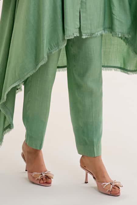 Buy_Siyona By Ankurita_Green Cotton Slub Embroidery Sequin Collar Bela Shirt With Pant _Online_at_Aza_Fashions
