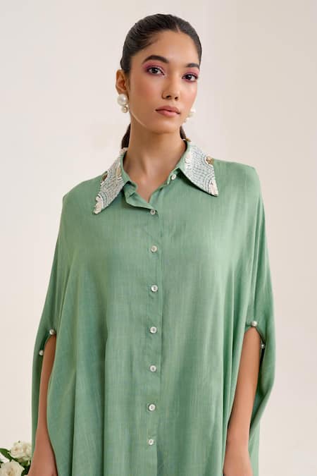 Shop_Siyona By Ankurita_Green Cotton Slub Embroidery Sequin Collar Bela Shirt With Pant _Online_at_Aza_Fashions