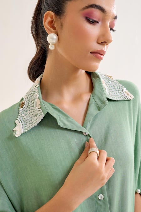 Siyona By Ankurita_Green Cotton Slub Embroidery Sequin Collar Bela Shirt With Pant _at_Aza_Fashions