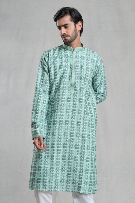 Buy_Arihant Rai Sinha_Green Viscose, Polyester Geometric Print Straight Kurta And Pant Set_Online_at_Aza_Fashions
