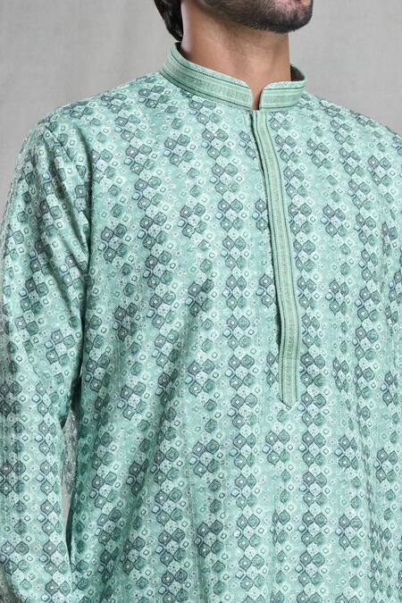 Shop_Arihant Rai Sinha_Green Viscose, Polyester Geometric Print Straight Kurta And Pant Set_Online_at_Aza_Fashions