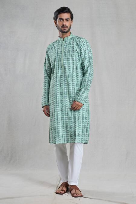 Buy_Arihant Rai Sinha_Green Viscose, Polyester Geometric Print Straight Kurta And Pant Set