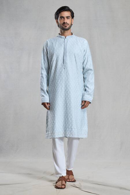 Buy_Arihant Rai Sinha_Blue Viscose, Polyester Embroidery Geometric Thread Kurta And Pant Set _Online_at_Aza_Fashions