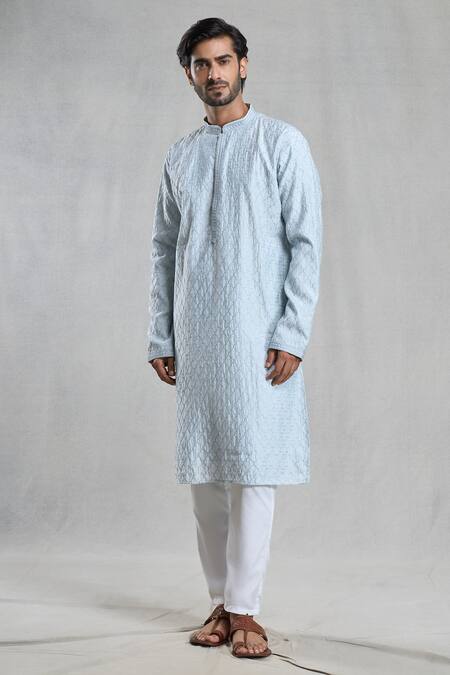 Shop_Arihant Rai Sinha_Blue Viscose, Polyester Embroidery Geometric Thread Kurta And Pant Set _Online_at_Aza_Fashions
