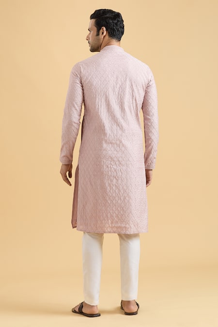 Shop Arihant Rai Sinha Pink Viscose, Polyester Embroidery Geometric Thread Straight Kurta And Pant Set at Aza Fashions Shop_Arihant Rai Sinha_Pink Viscose, Polyester Embroidery Geometric Thread Straight Kurta And Pant Set _at_Aza_Fashions